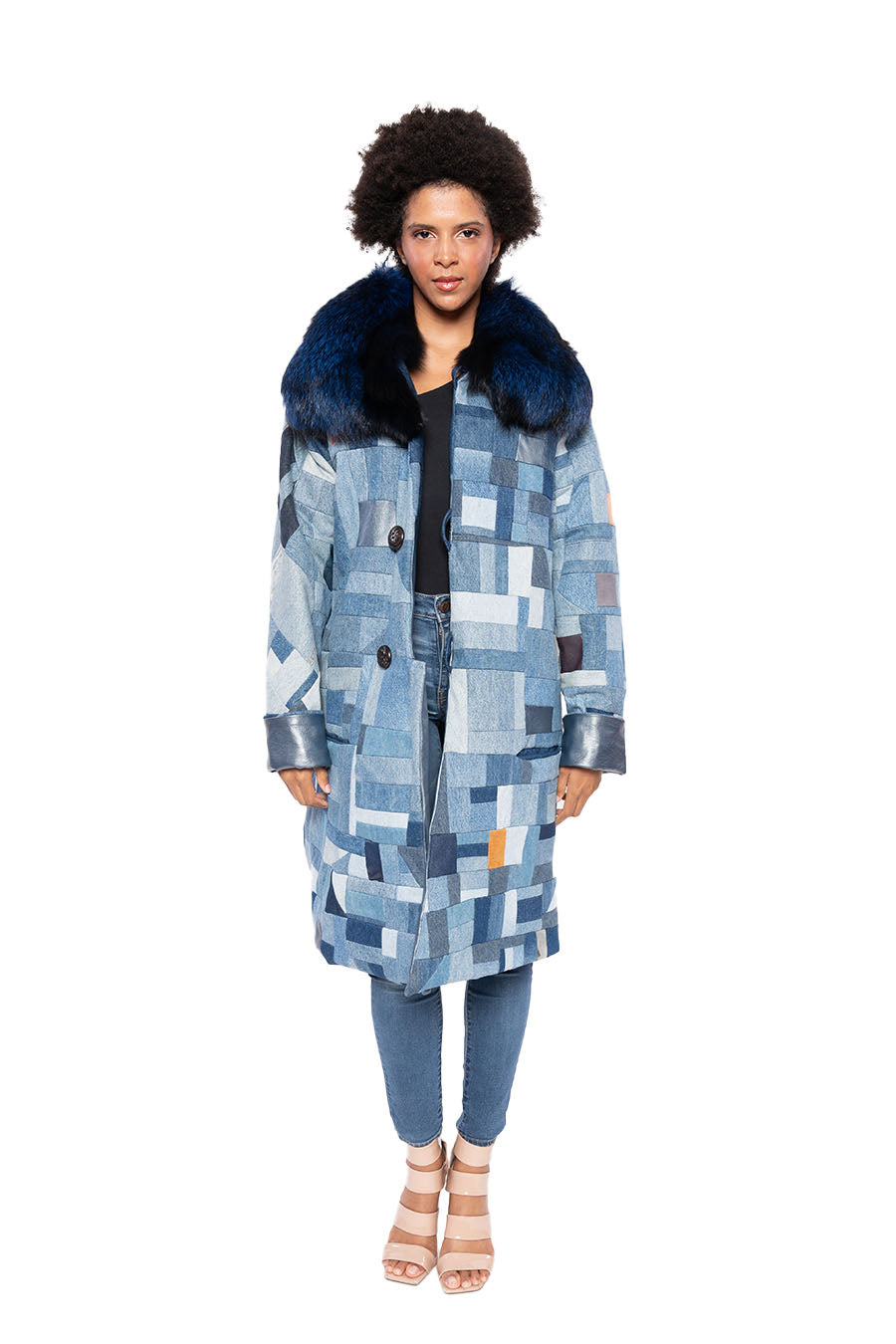 Patchwork Denim Coat With Blue Fox Collar