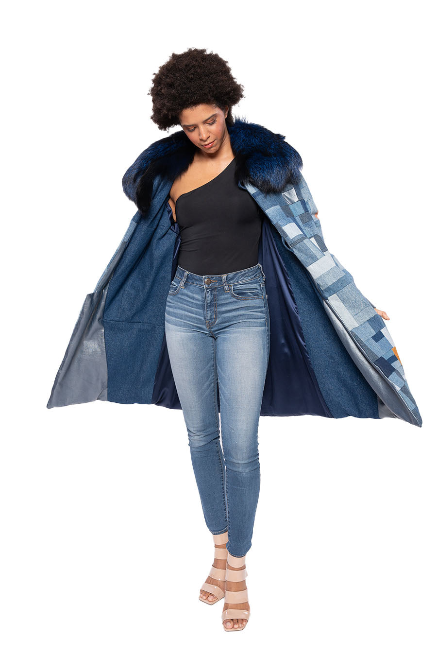 Patchwork Denim Coat With Blue Fox Collar