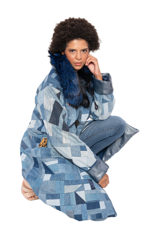 Patchwork Denim Coat With Blue Fox Collar