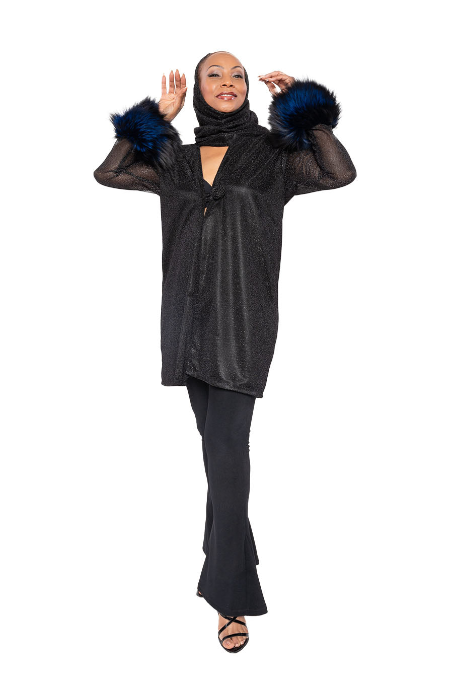 Black Lounge Top with Fox Fur on Sleeves