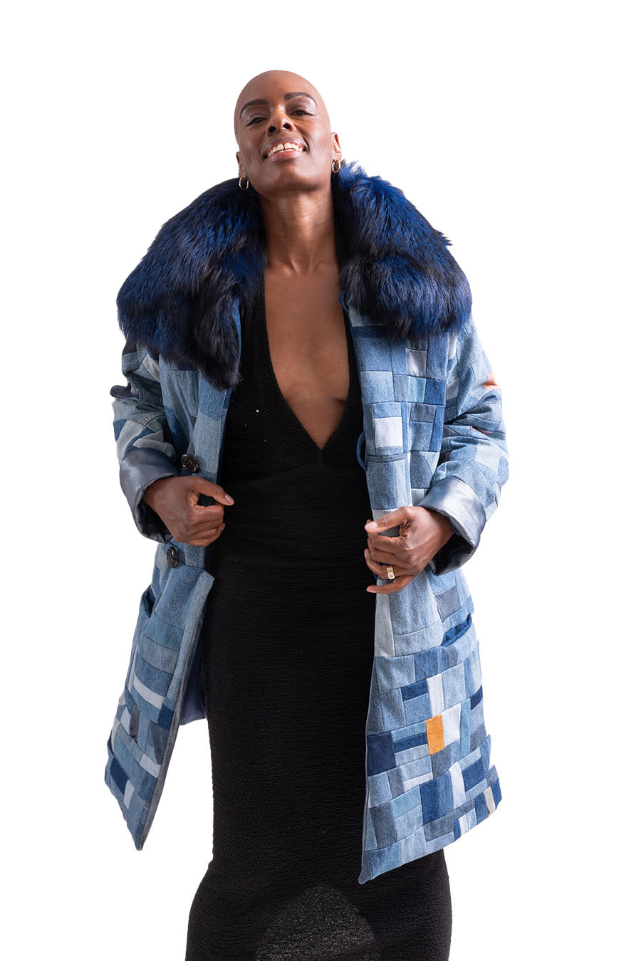 Patchwork Denim Coat With Blue Fox Collar